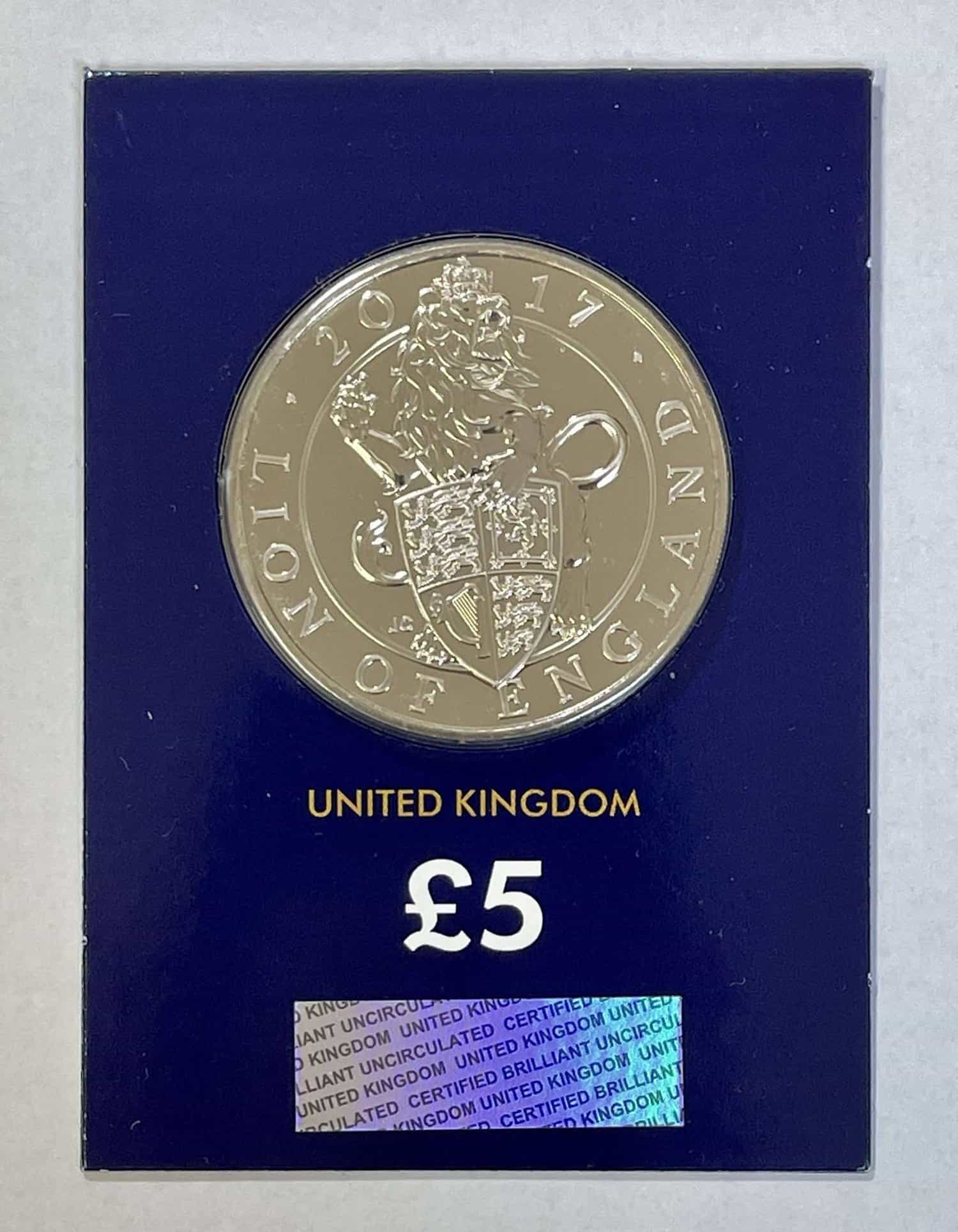 The Queens Beasts Lion of England 2017 Brilliant Uncirculated £5 Coin in Change Checker Card queens beasts queens beasts