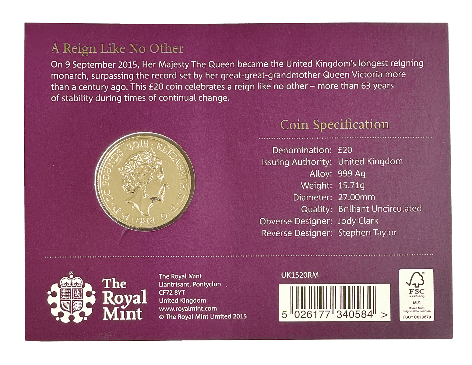 The Longest Reigning Monarch 2015 UK £20 Fine Silver Coin the longest reigning monarch the longest reigning monarch