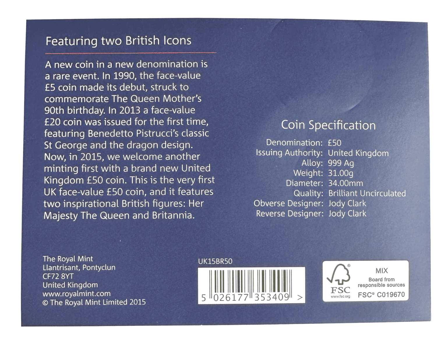 Britannia 2015 UK £50 Fine Silver Coin Britannia 2015 Britannia