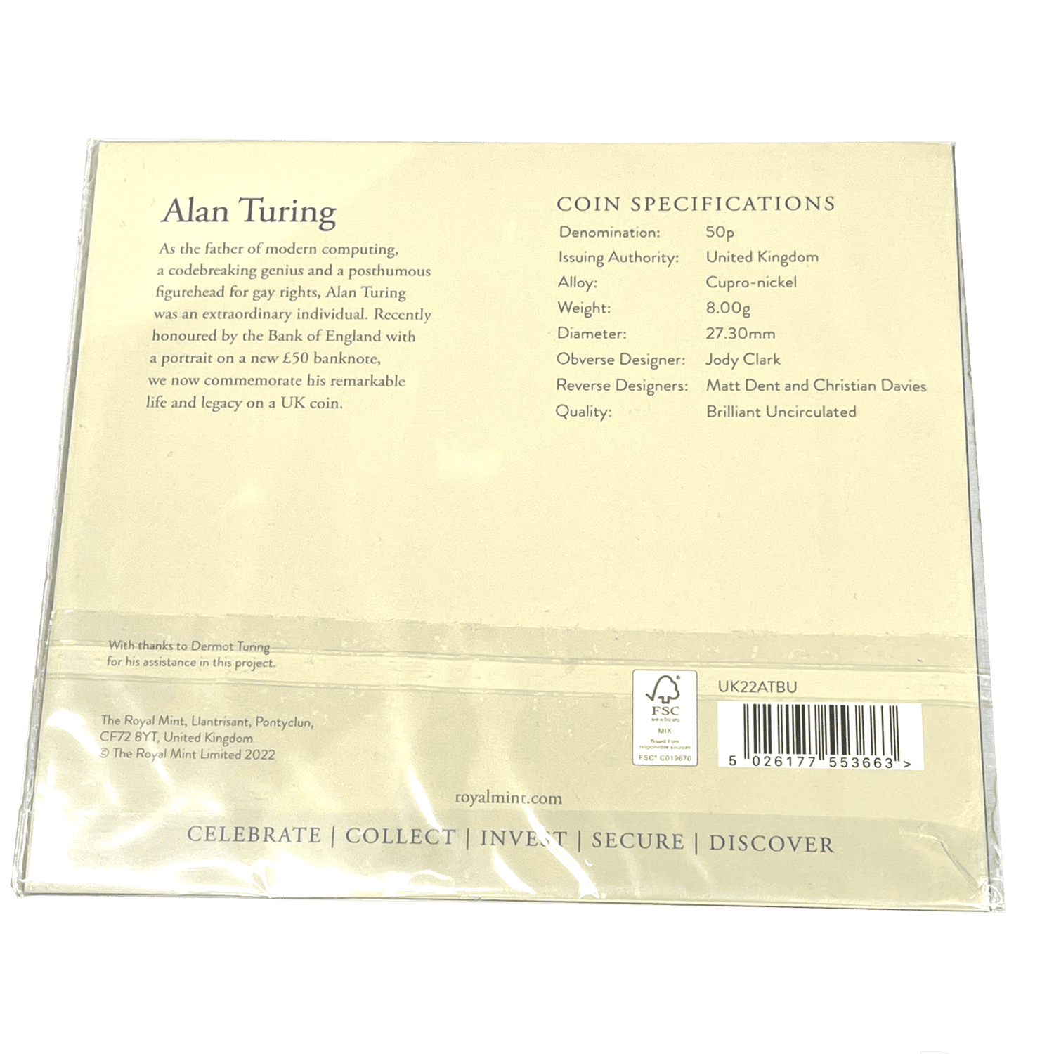Alan Turing 2022 50p Brilliant Uncirculated in Blister Pack alan turing Alan Turing 2022 50p Brilliant Uncirculated in Blister Pack - Image 2