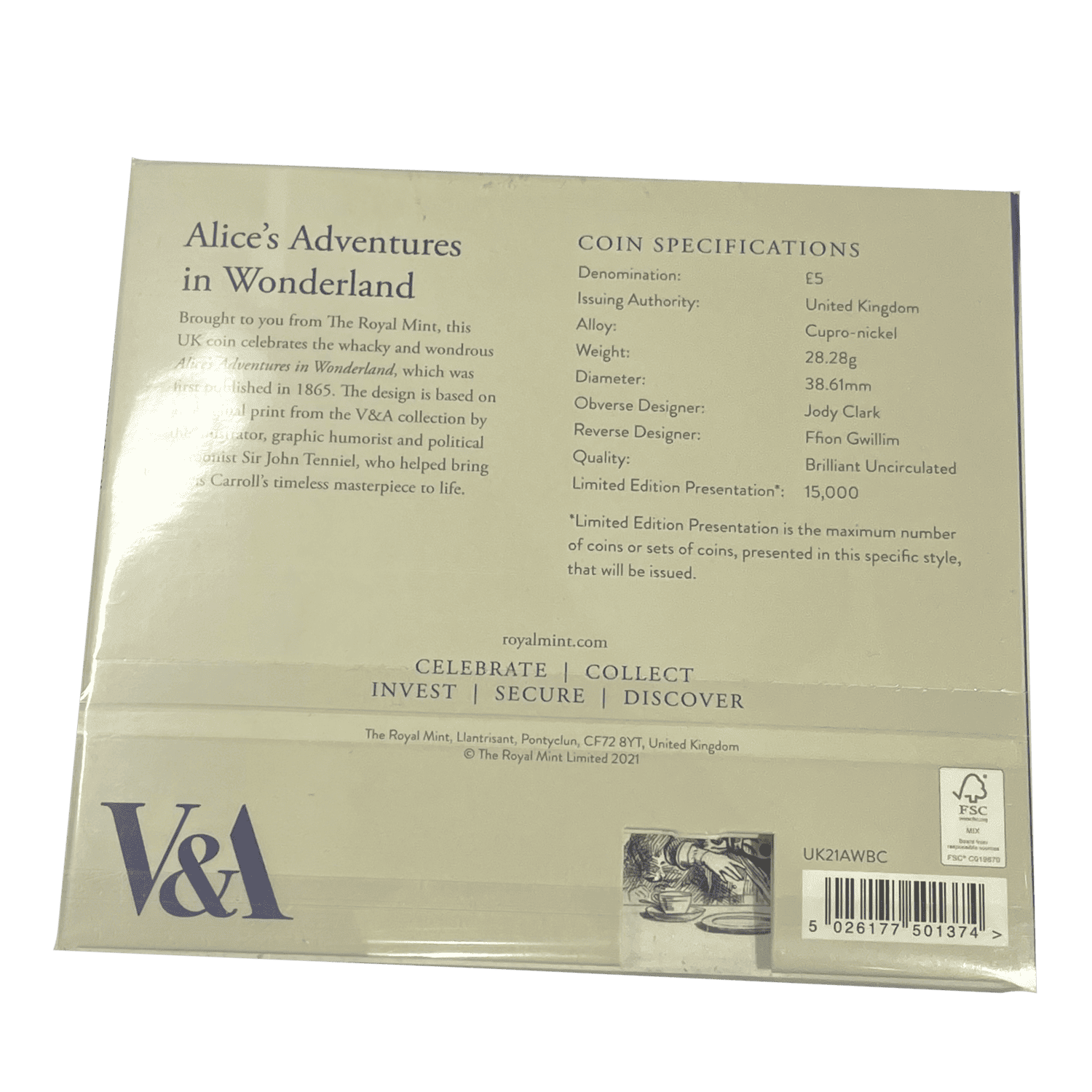 Alice's Adventures in Wonderland 2021 £5 Brilliant Uncirculated Colour in Presentation Pack alice's adventures in wonderland Alice's Adventures in Wonderland 2021 £5 Brilliant Uncirculated Colour in Presentation Pack - Image 2