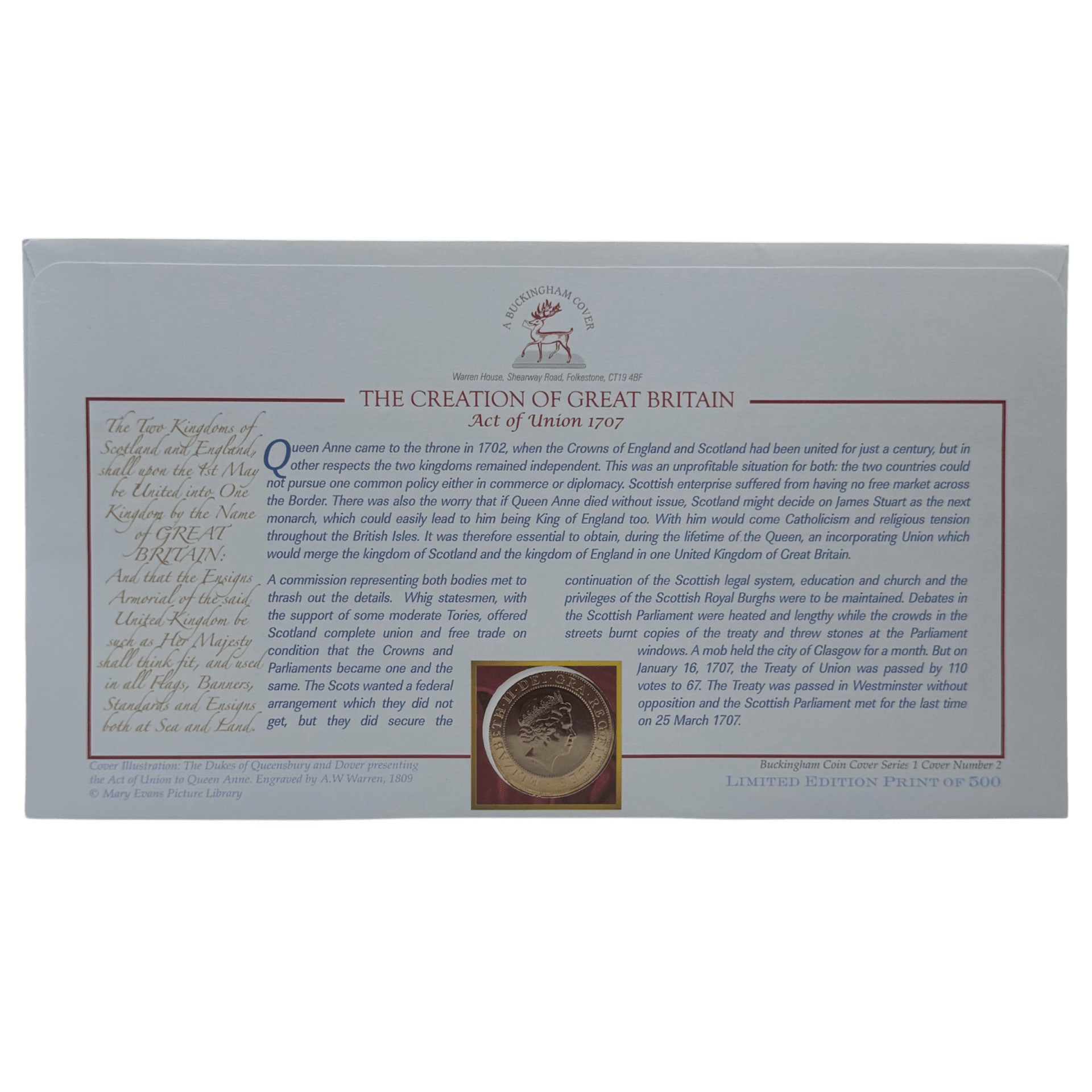 2007 300th Anniversary Act of Union £2 Coin Cover act 2007 300th Anniversary Act of Union £2 Coin Cover