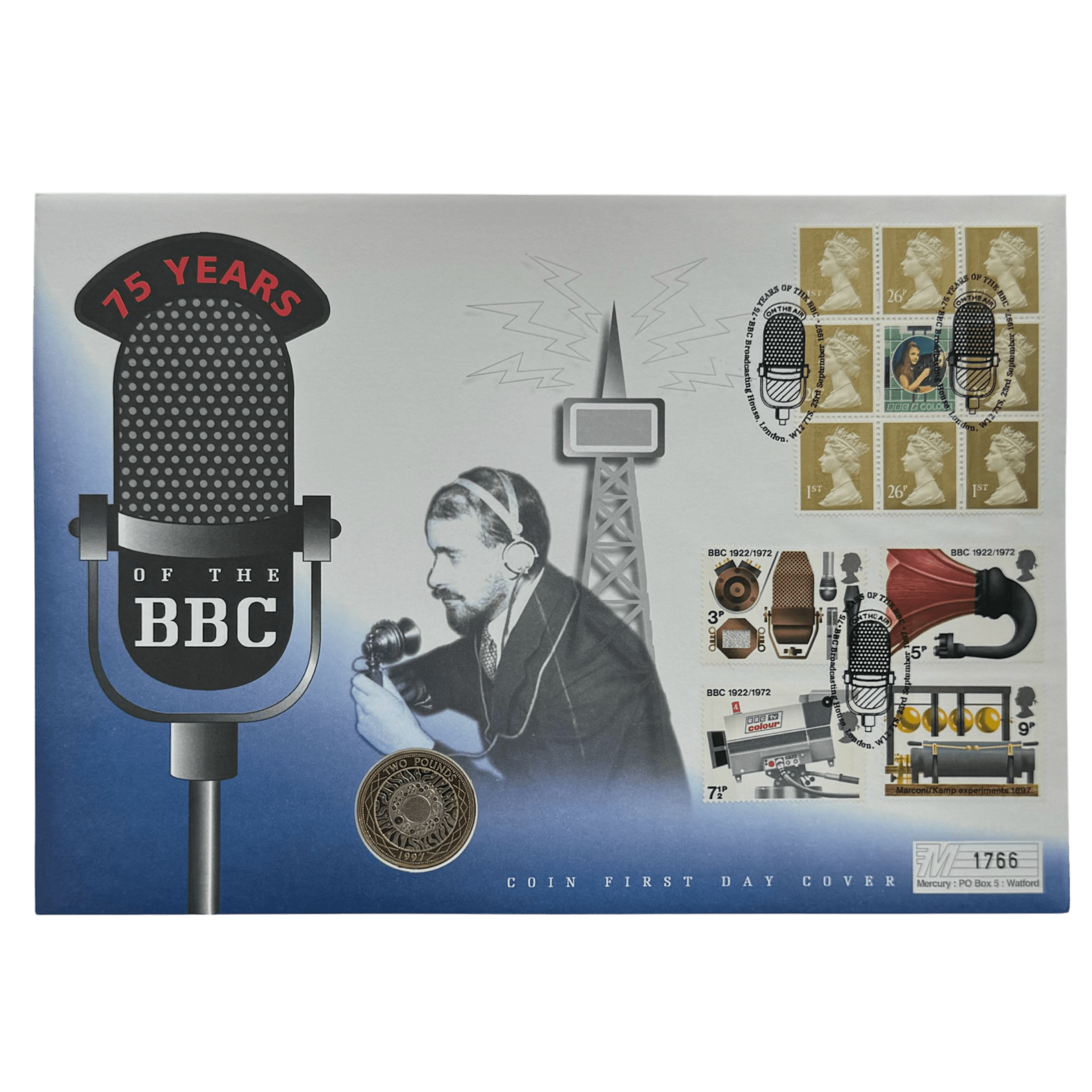 1997 Celebrating 75 Years of the BBC 2 Pounds Coin Cover - Mercury First Day Cover 1997 1997 Celebrating 75 Years of the BBC 2 Pounds Coin Cover - Mercury First Day Cover