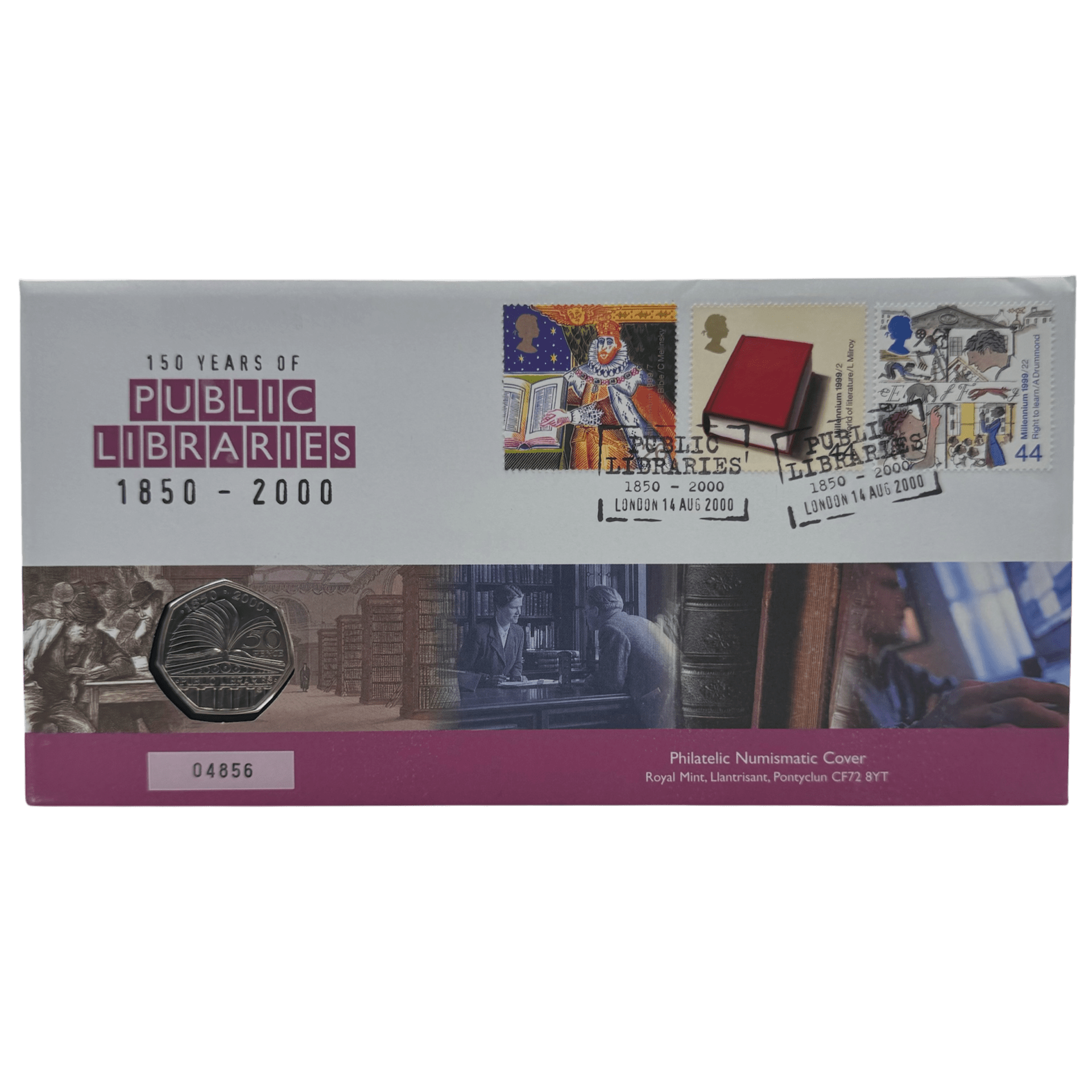150 Years of Public Libraries 50p Brilliant Uncirculated Coin and Stamp Cover 150 years 150 Years of Public Libraries 50p Brilliant Uncirculated Coin and Stamp Cover