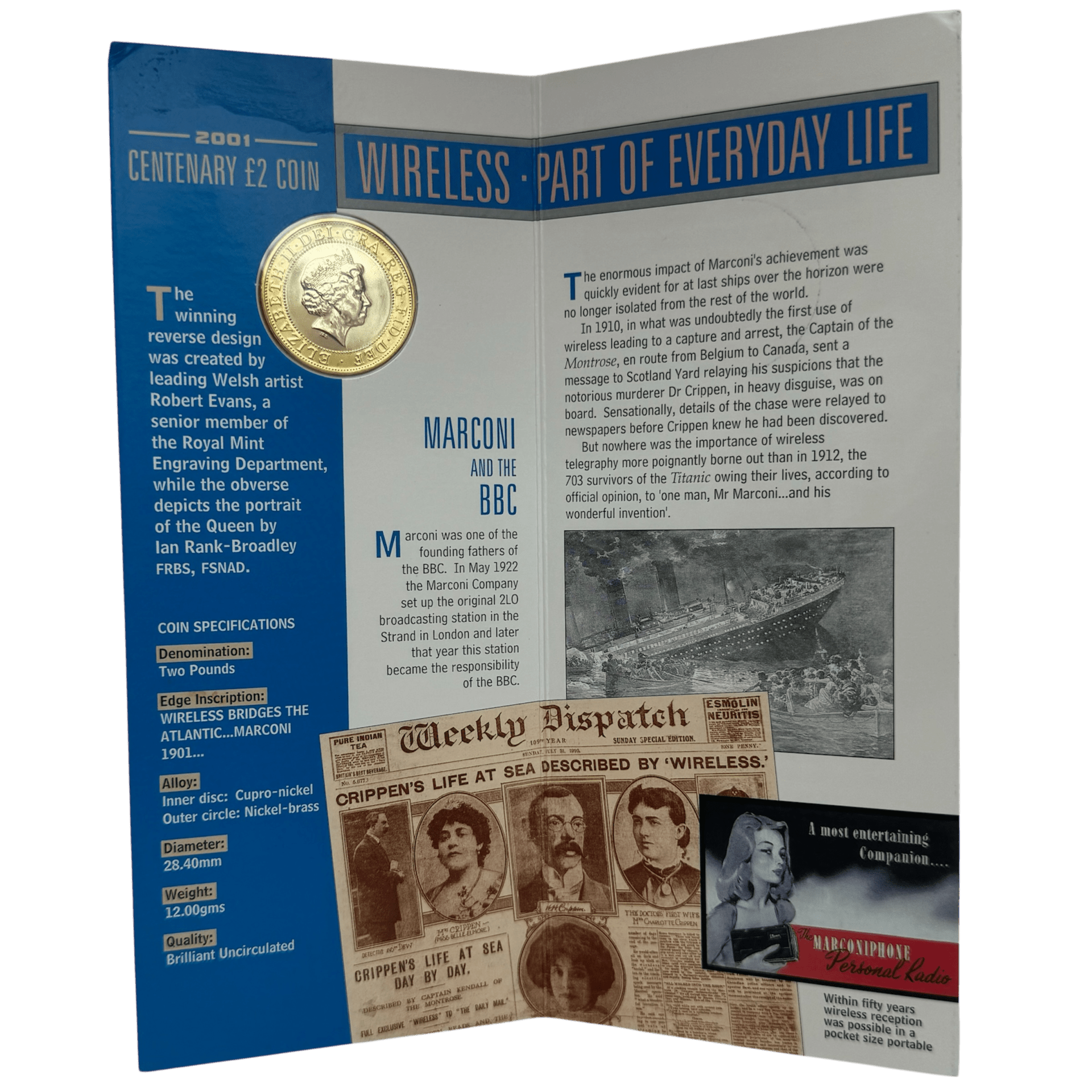 2001 Transatlantic Wireless Centenary £2 Brilliant Uncirculated Coin in Blister Pack 2001 2001 Transatlantic Wireless Centenary £2 Brilliant Uncirculated Coin in Blister Pack